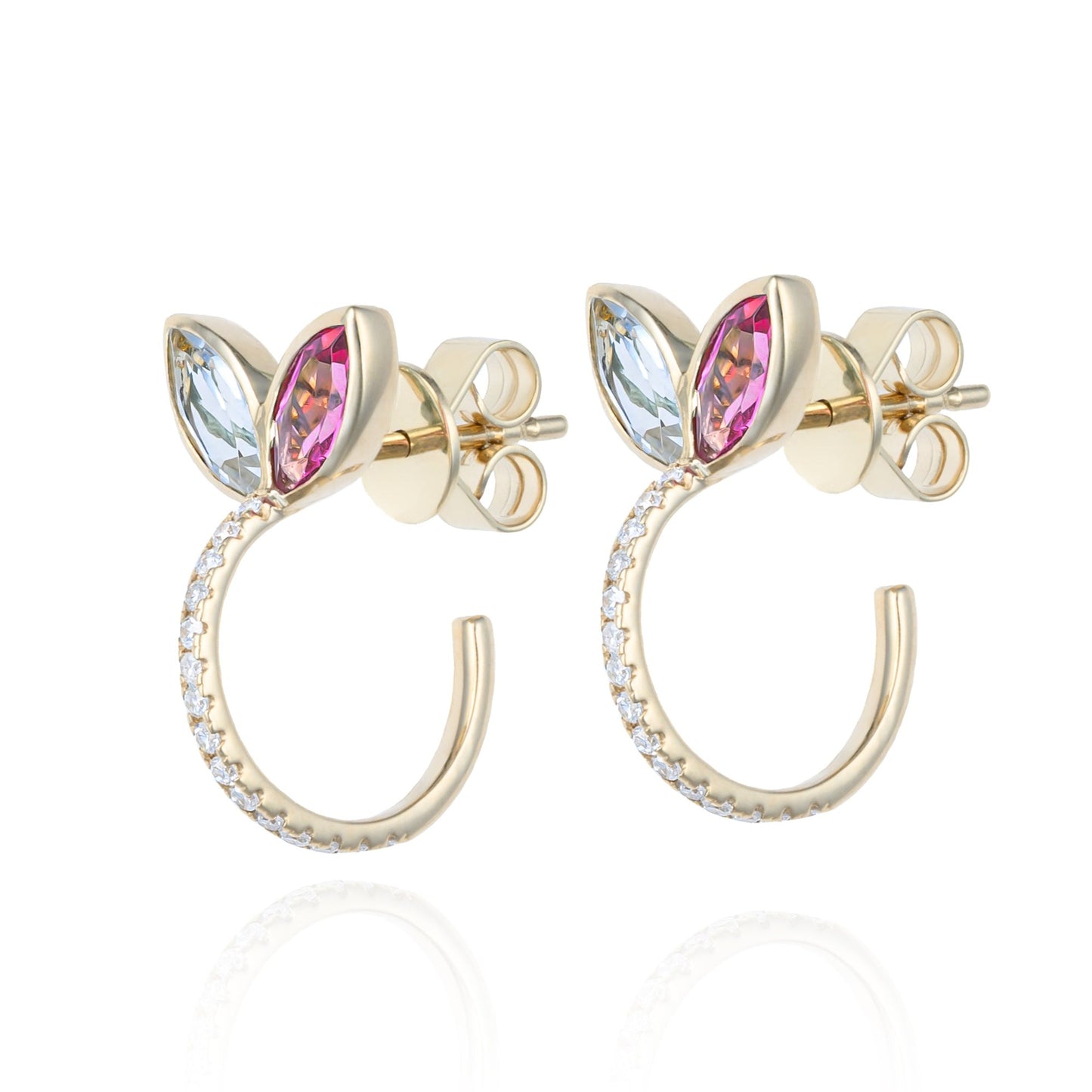 Pink Tourmaline, Topaz & Diamond Blooming Flower Hoop Earrings in 14K Yellow Gold