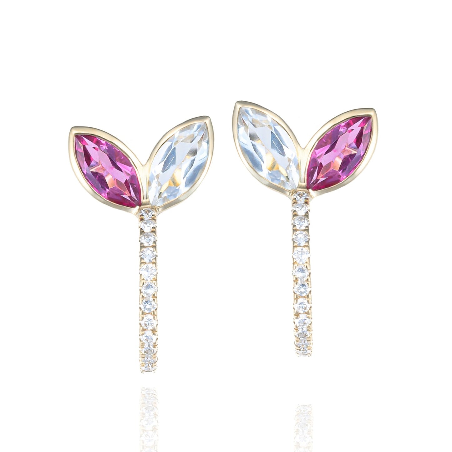 Pink Tourmaline, Topaz & Diamond Blooming Flower Hoop Earrings in 14K Yellow Gold