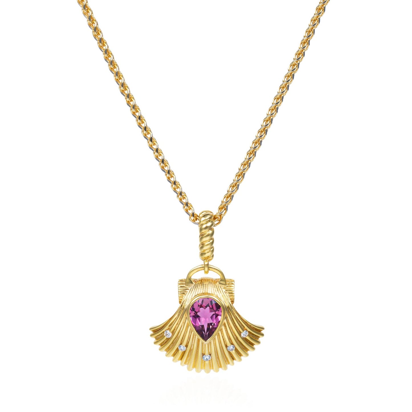 Birth of Venus Pink Tourmaline & Diamond Shell Pendant in 14K Yellow Gold