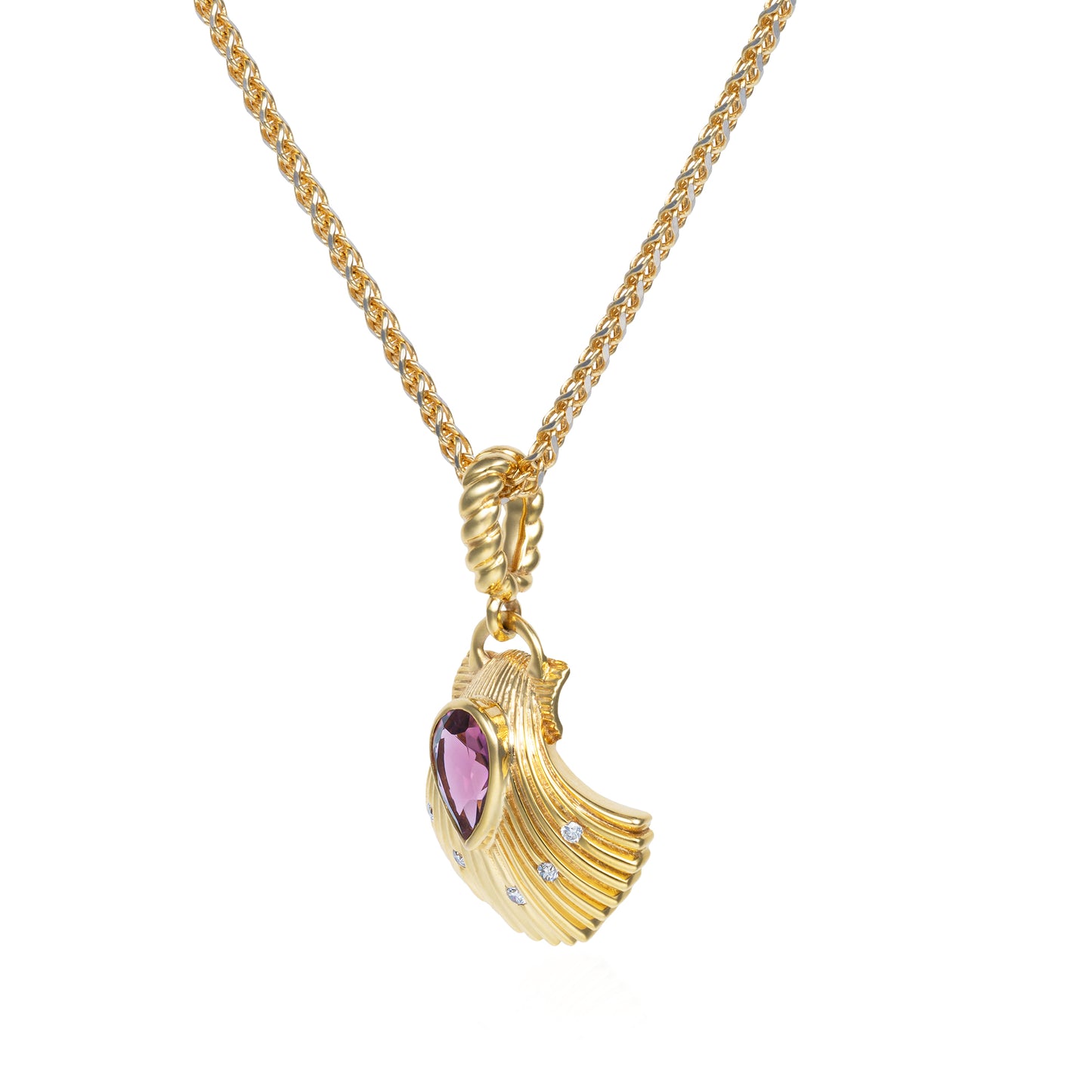 Birth of Venus Pink Tourmaline & Diamond Shell Pendant in 14K Yellow Gold