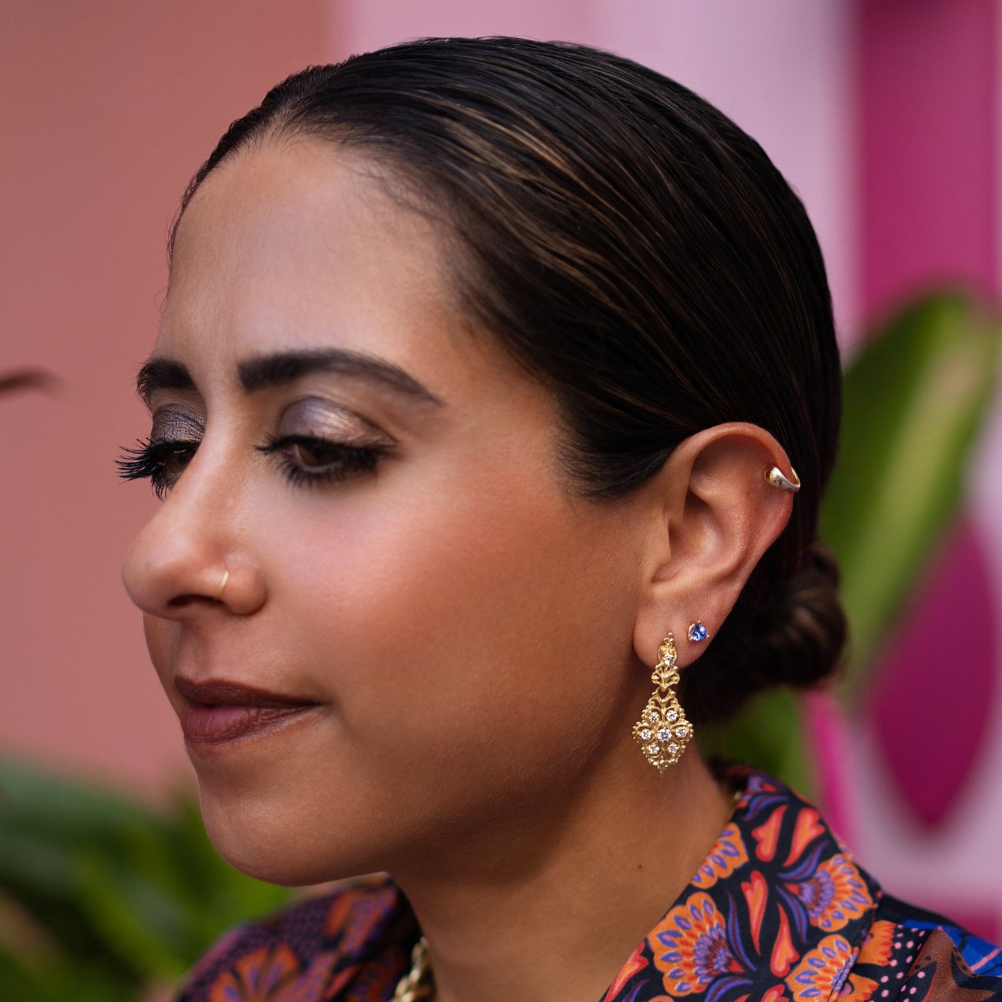 Ornate Diamond Drop Earrings in 14K Yellow Gold