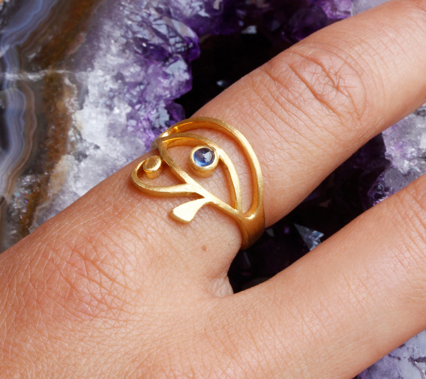 Sapphire Eye of Horus Ring in 14K Yellow Gold