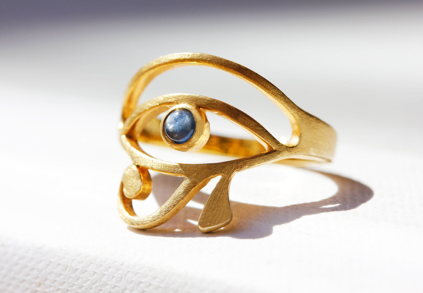 Sapphire Eye of Horus Ring in 14K Yellow Gold