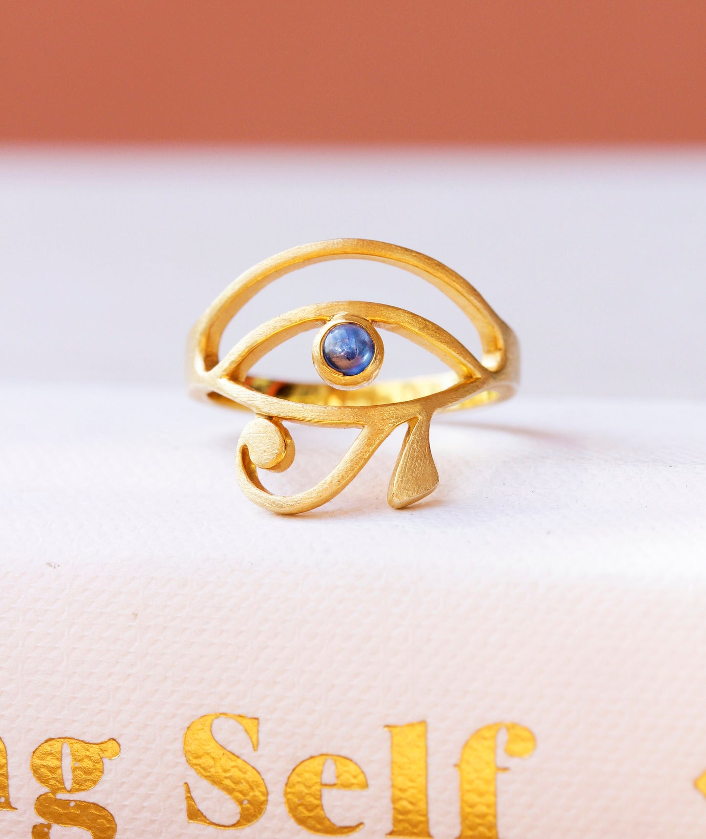 Sapphire Eye of Horus Ring in 14K Yellow Gold