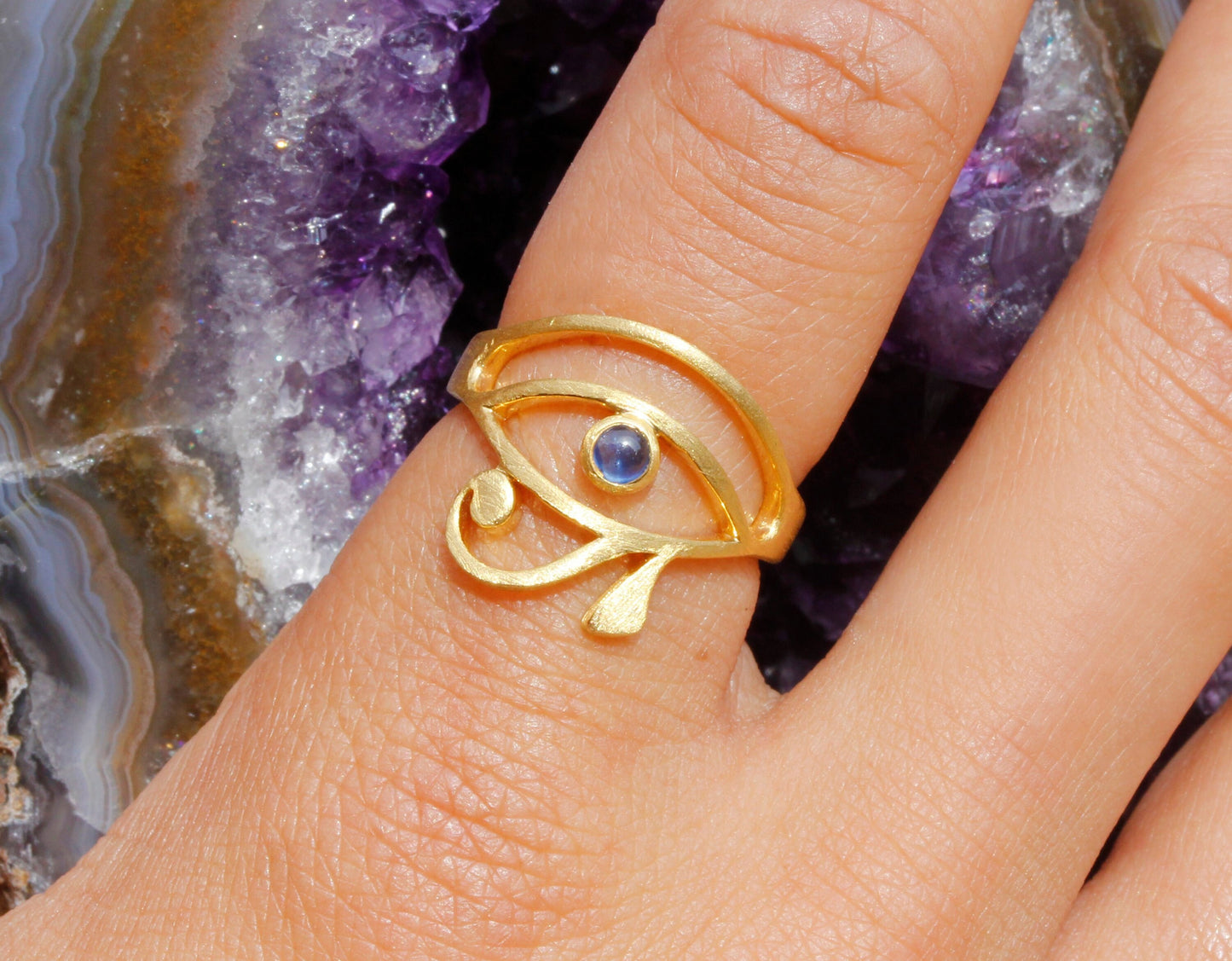 Sapphire Eye of Horus Ring in 14K Yellow Gold