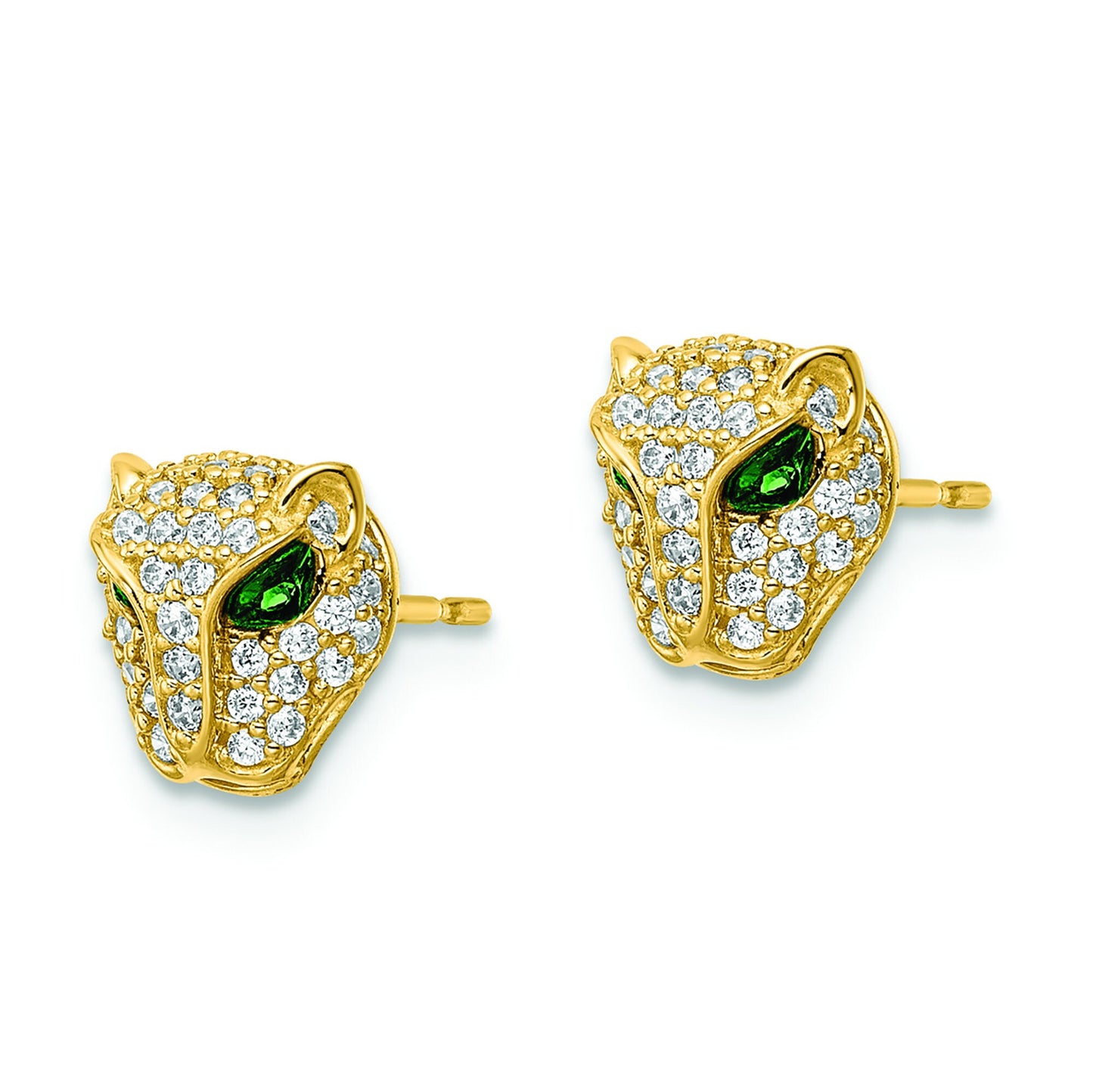 Lioness Head Crystal Encrusted 14K Yellow Gold Stud Earrings