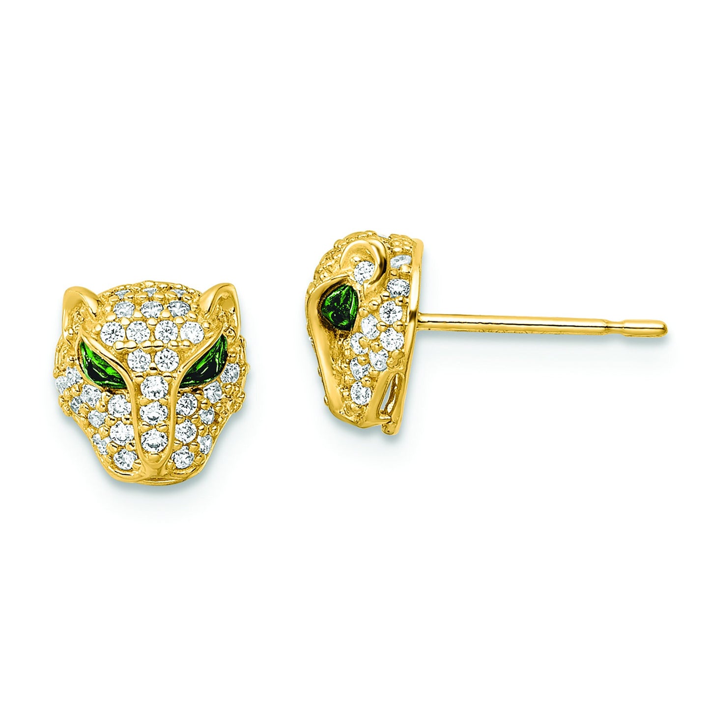 Lioness Head Crystal Encrusted 14K Yellow Gold Stud Earrings