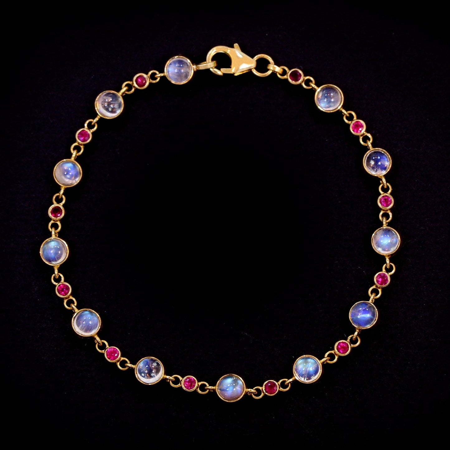 Moonstone & Ruby Tennis Bracelet in 14K Yellow Gold