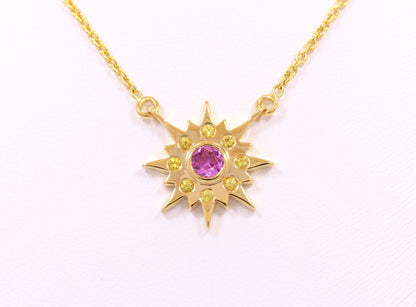 Pink & Yellow Sapphire Sun Necklace in 14K Yellow Gold