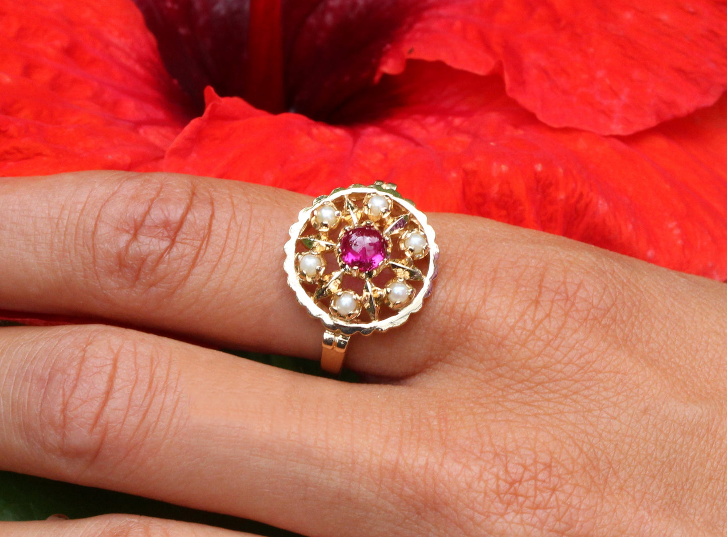 Ruby & Pearl Lotus Mandala Ring in 14K Yellow Gold