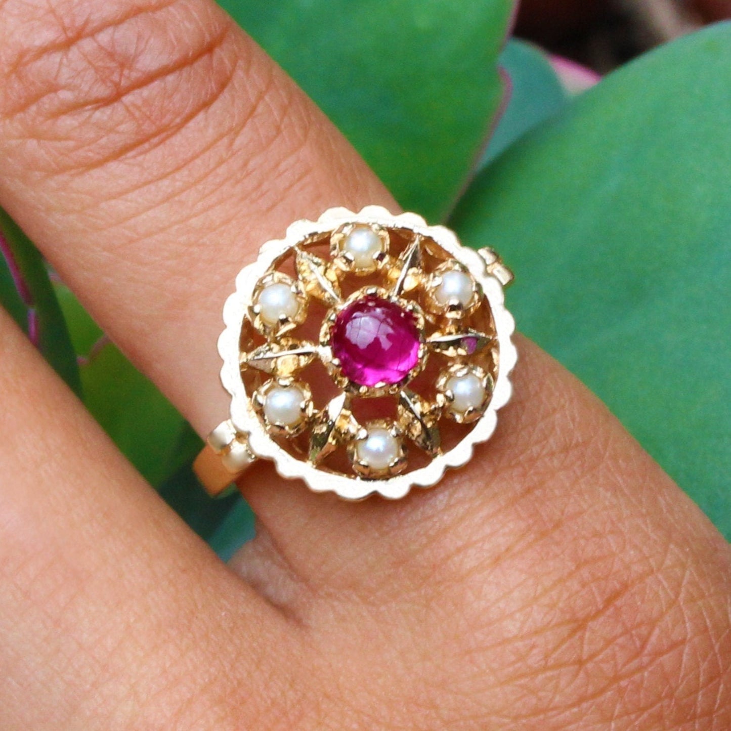 Ruby & Pearl Lotus Mandala Ring in 14K Yellow Gold