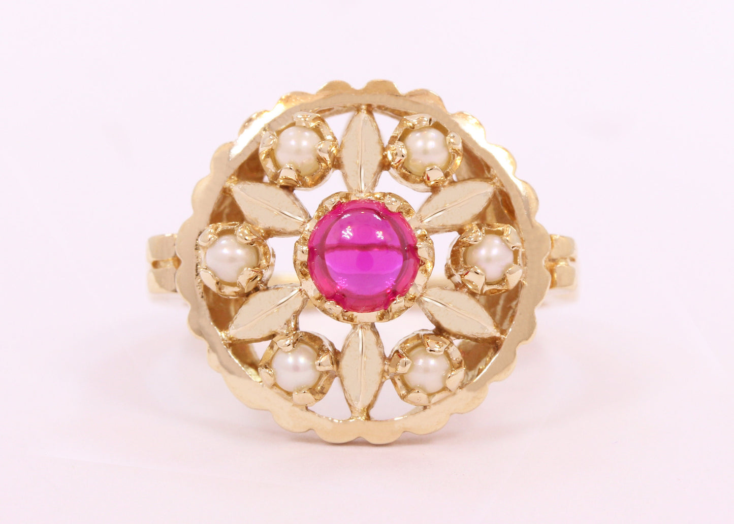 Ruby & Pearl Lotus Mandala Ring in 14K Yellow Gold