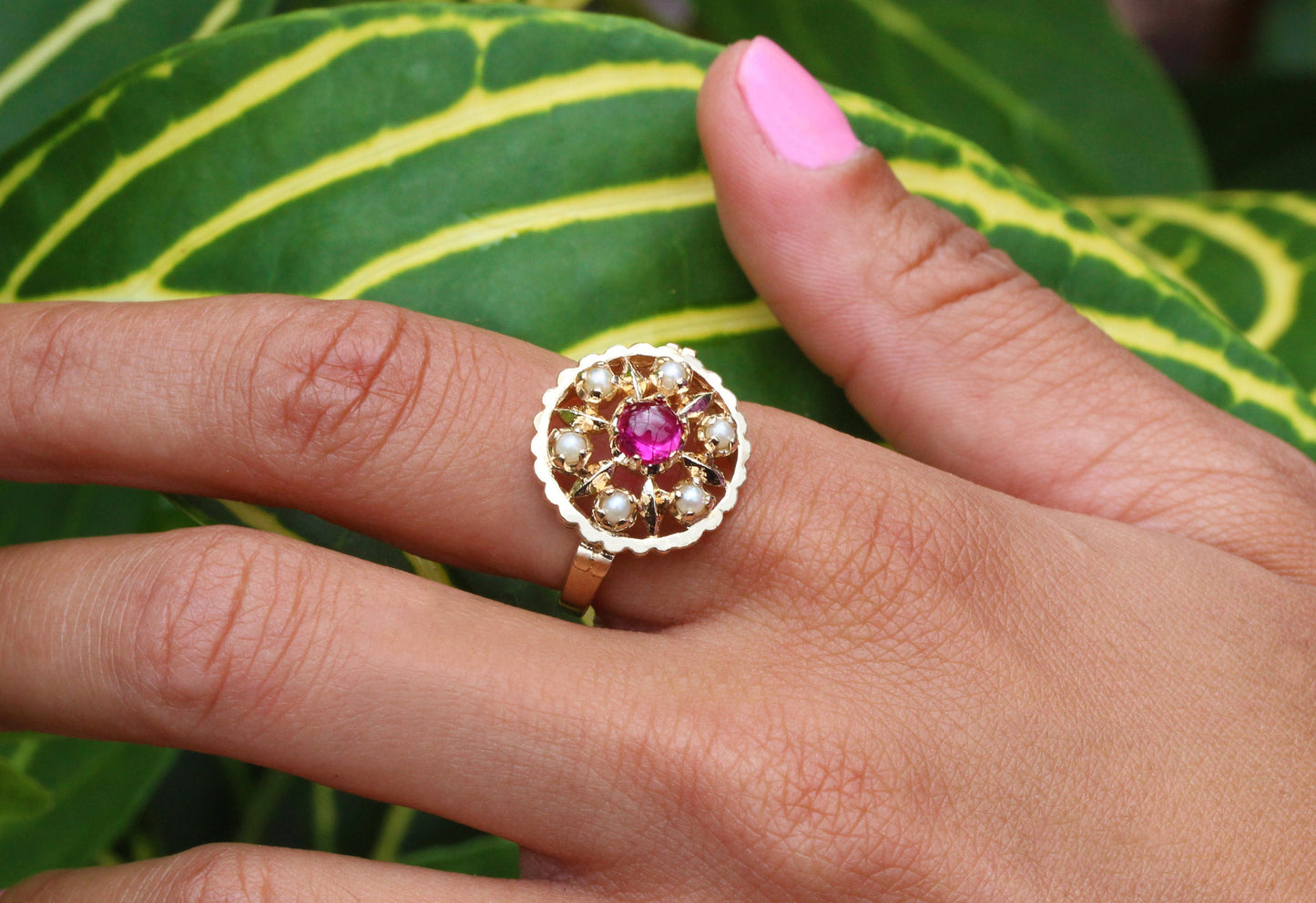 Ruby & Pearl Lotus Mandala Ring in 14K Yellow Gold