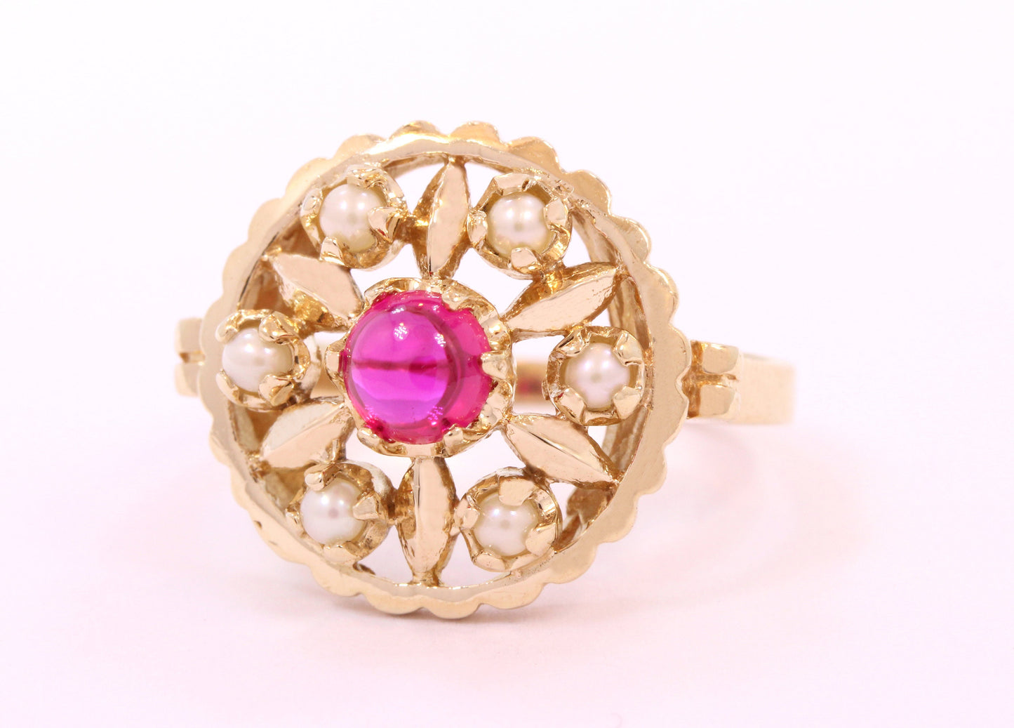 Ruby & Pearl Lotus Mandala Ring in 14K Yellow Gold