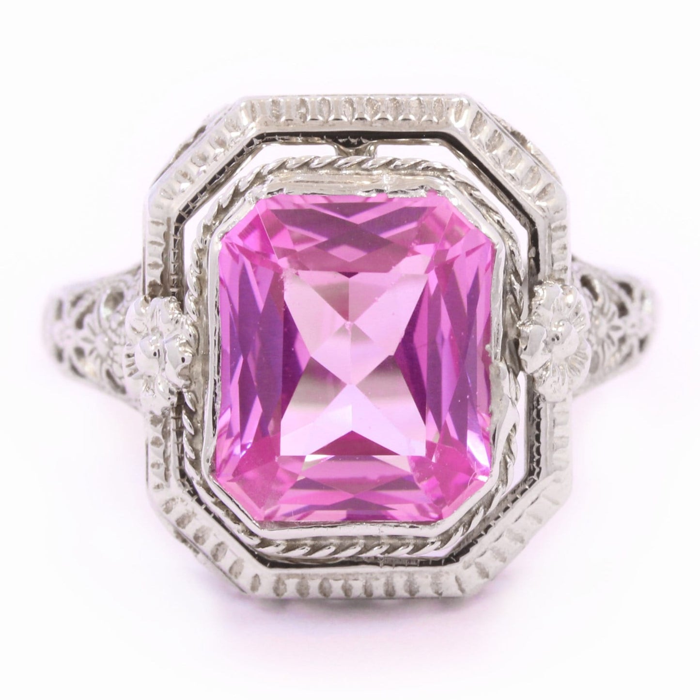 Edwardian Pink Sapphire Filigree Ring in 14K White Gold