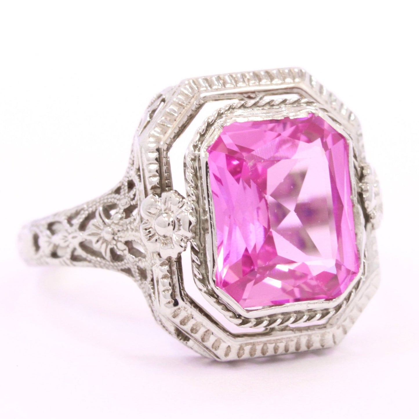 Edwardian Pink Sapphire Filigree Ring in 14K White Gold