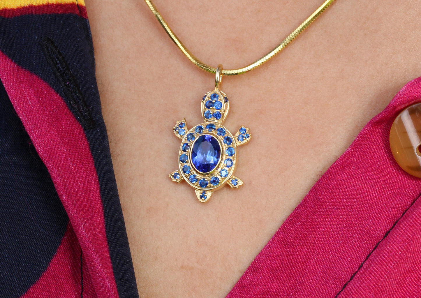 Gemmy Turtle Pendant in Solid 14K Gold with Tanzanite & Sapphire