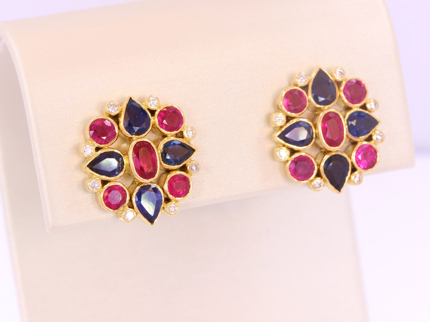 Ruby, Sapphire & Diamond Mandala Earrings in 18K Yellow Gold