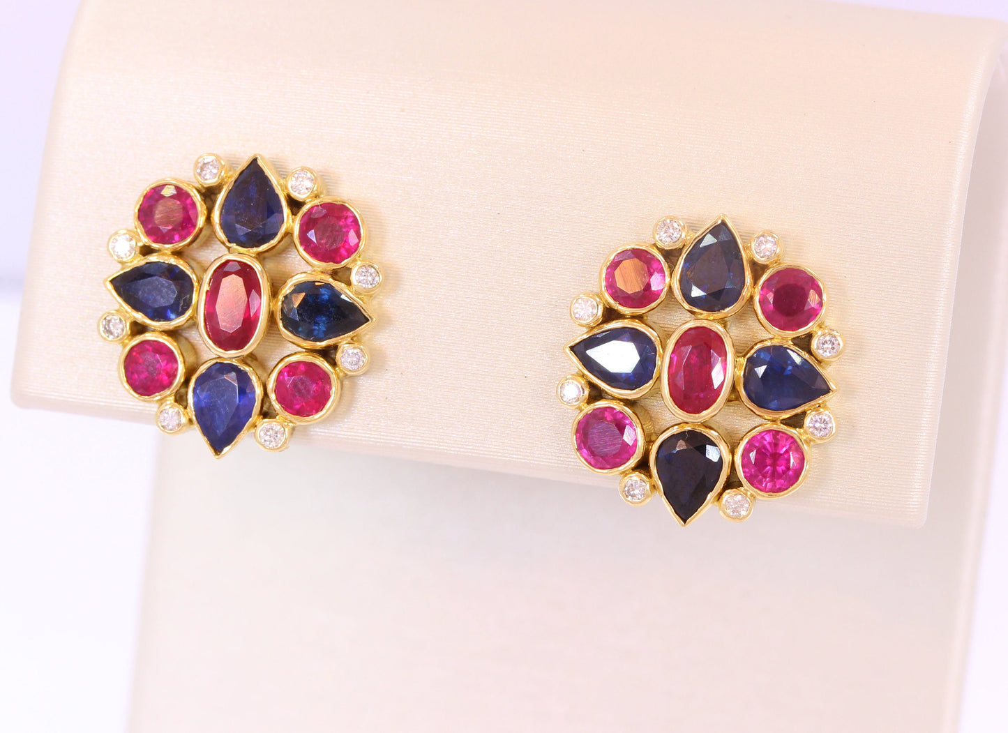 Ruby, Sapphire & Diamond Mandala Earrings in 18K Yellow Gold