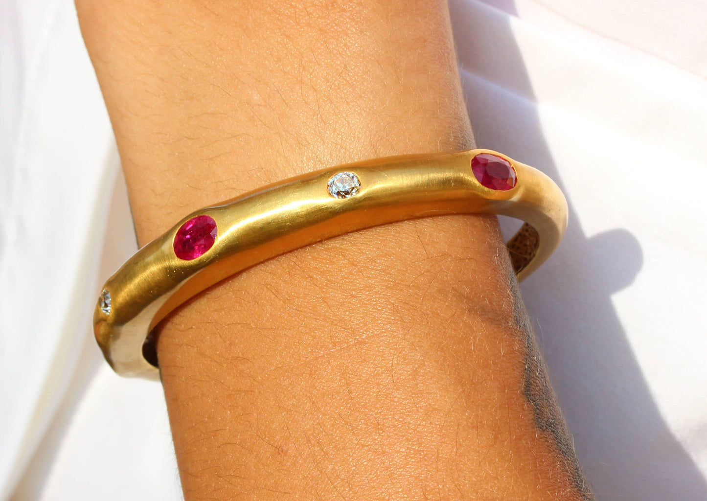 Ruby & Diamond Hinged Cuff Bangle Bracelet in 18K Yellow Gold