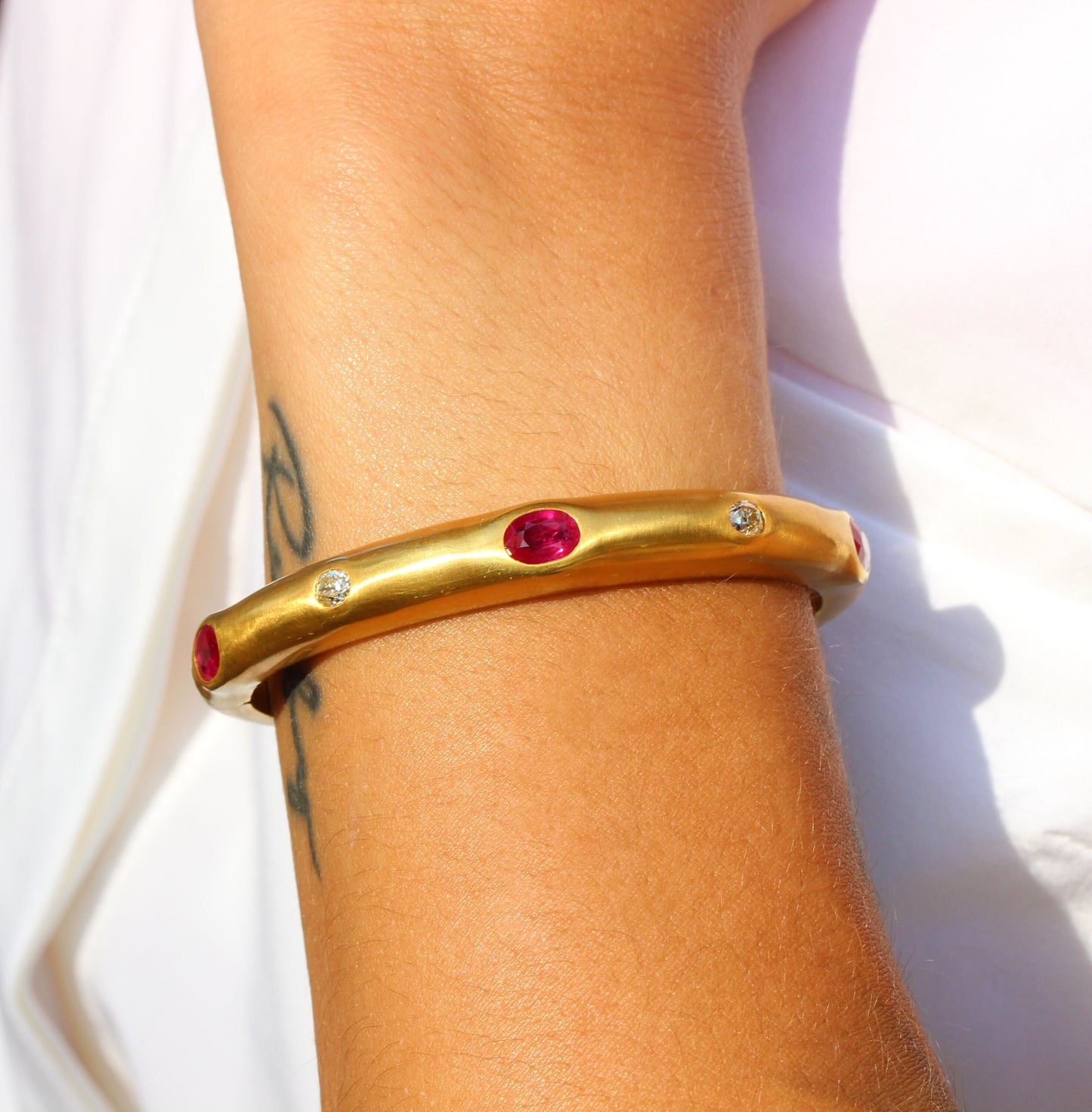 Ruby & Diamond Hinged Cuff Bangle Bracelet in 18K Yellow Gold