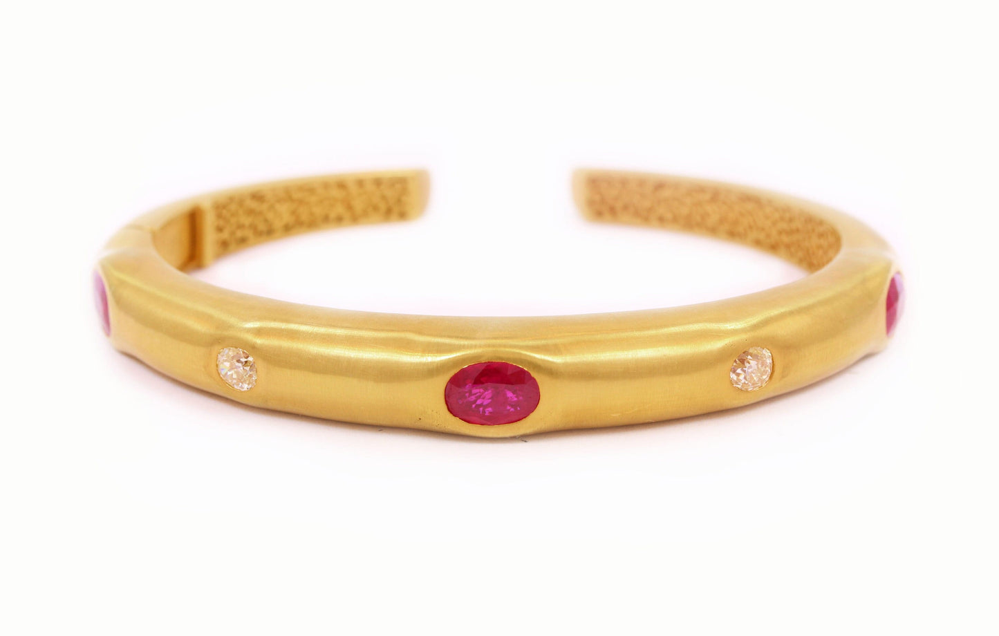 Ruby & Diamond Hinged Cuff Bangle Bracelet in 18K Yellow Gold