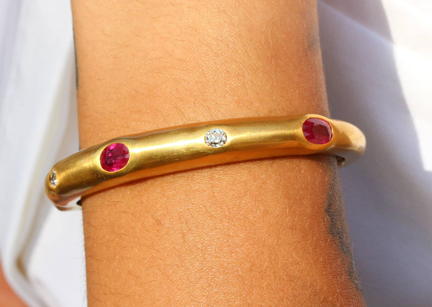 Ruby & Diamond Hinged Cuff Bangle Bracelet in 18K Yellow Gold