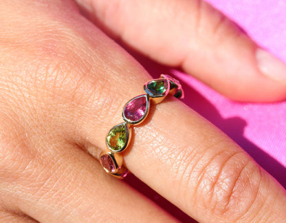 Multi Colored Pear Tourmaline Eternity Band in 18K Yellow Gold