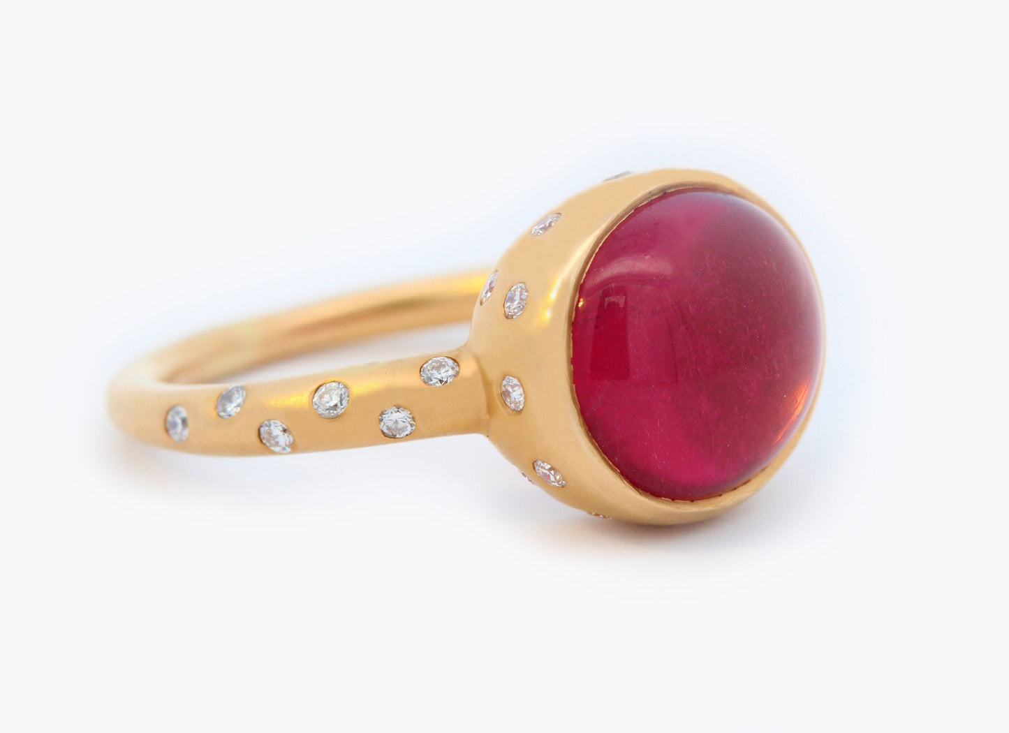 Tourmaline Cabochon with Gypsy Set Scattered Diamond Accented Ring in 18K Yellow Gold