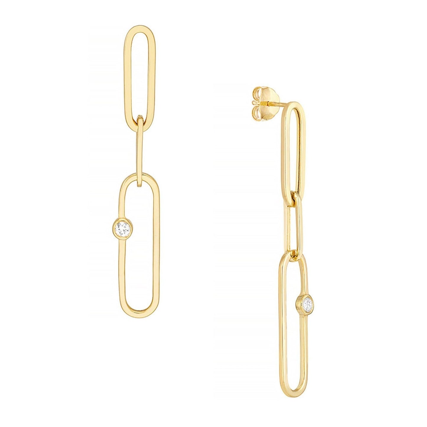 Large Link Diamond Paperclip Drop Earrings in 14K Yellow Gold