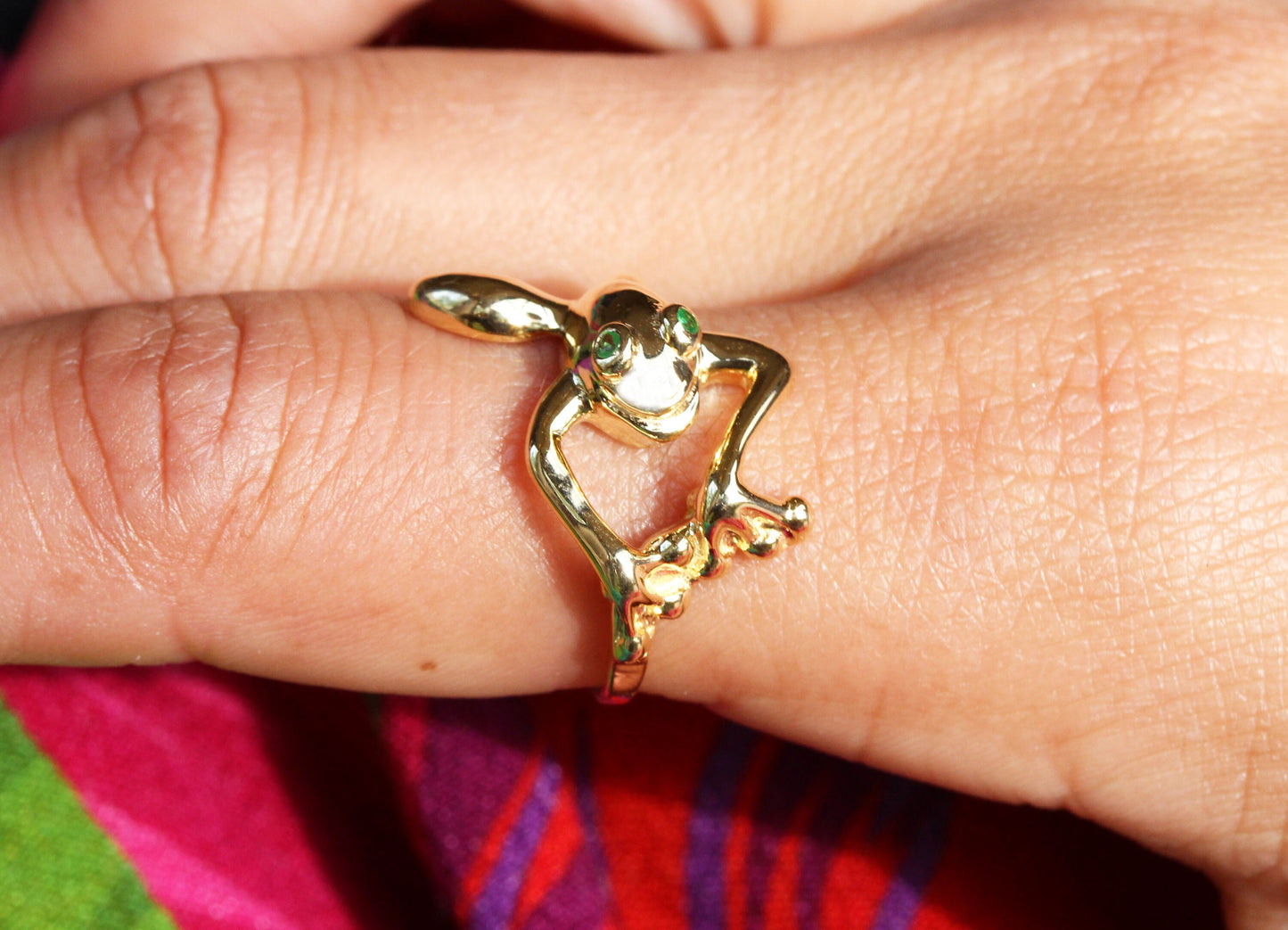 Whimsical Smiling Tree Frog Ring with Tsavorite Garnet Eyes in 14K Yellow Gold