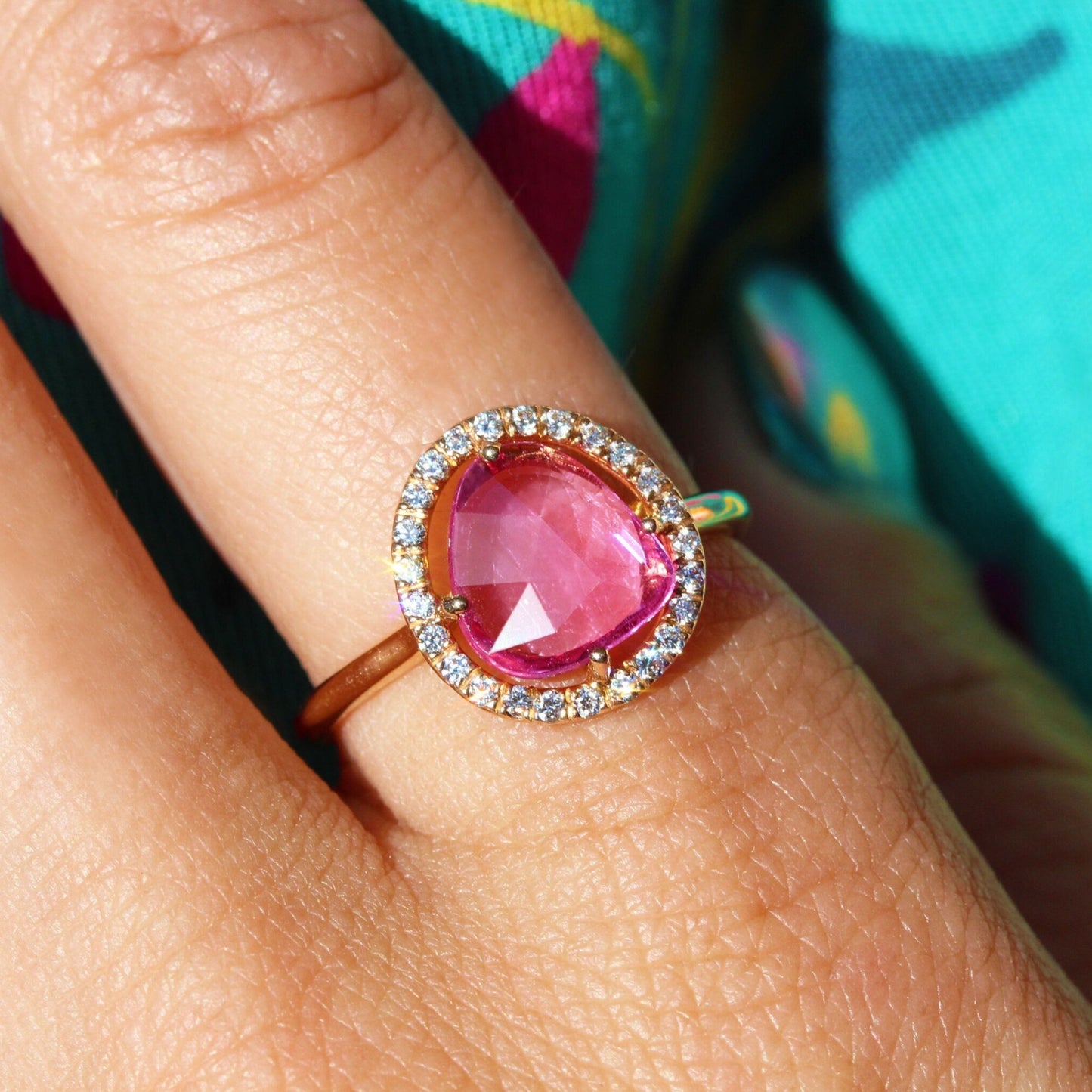 Rose Cut Pink Sapphire Diamond Halo Ring in 18K Rose Gold