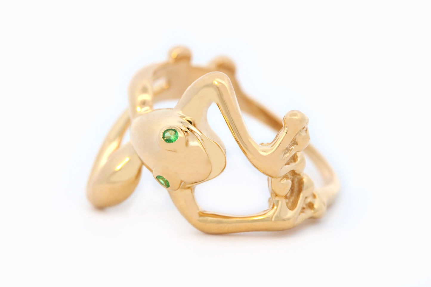 Whimsical Smiling Tree Frog Ring with Tsavorite Garnet Eyes in 14K Yellow Gold