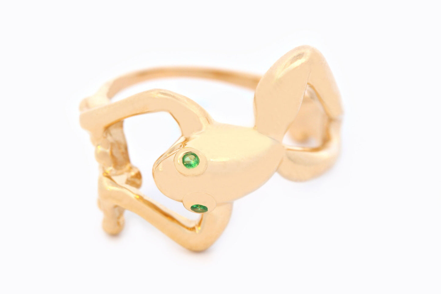 Whimsical Smiling Tree Frog Ring with Tsavorite Garnet Eyes in 14K Yellow Gold