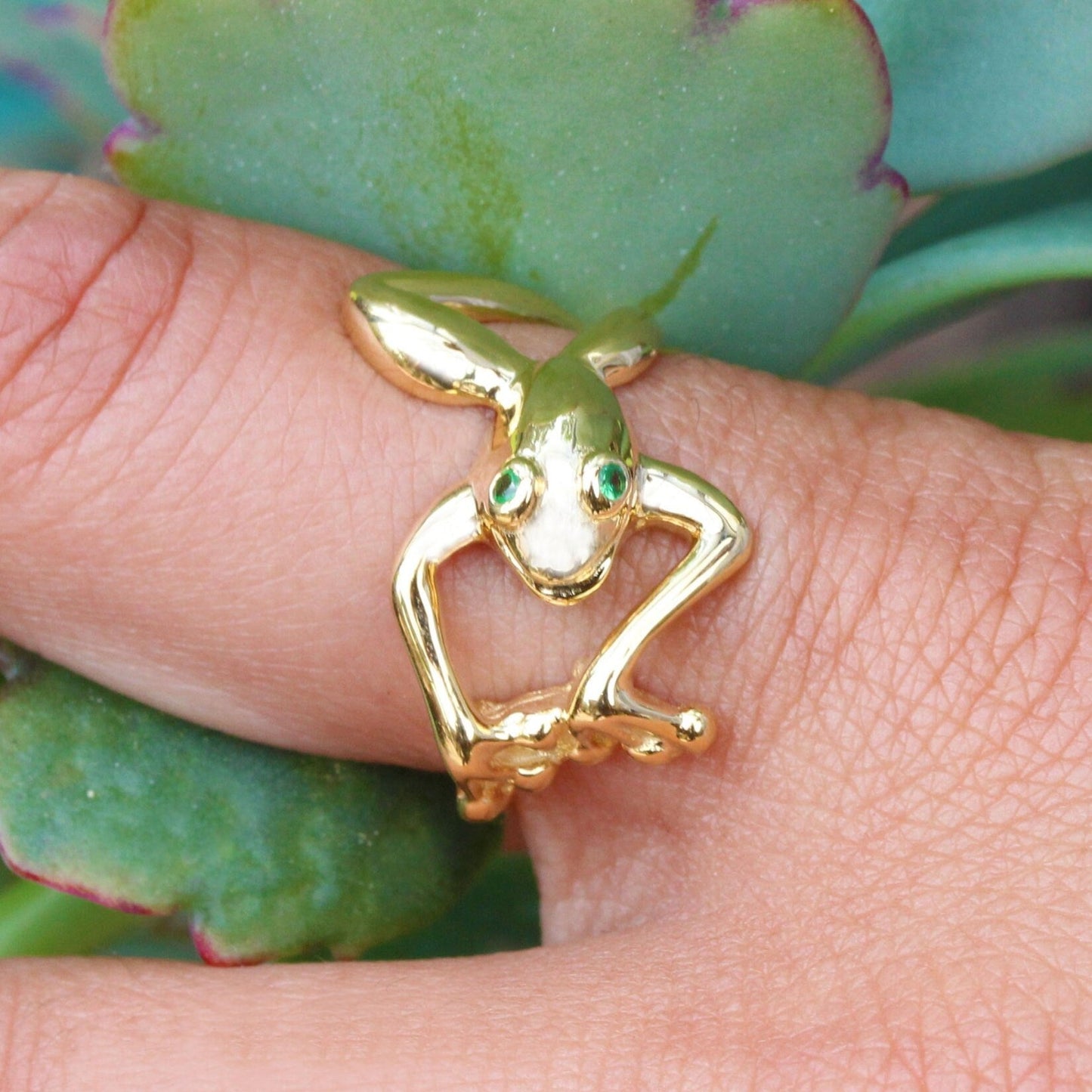 Whimsical Smiling Tree Frog Ring with Tsavorite Garnet Eyes in 14K Yellow Gold