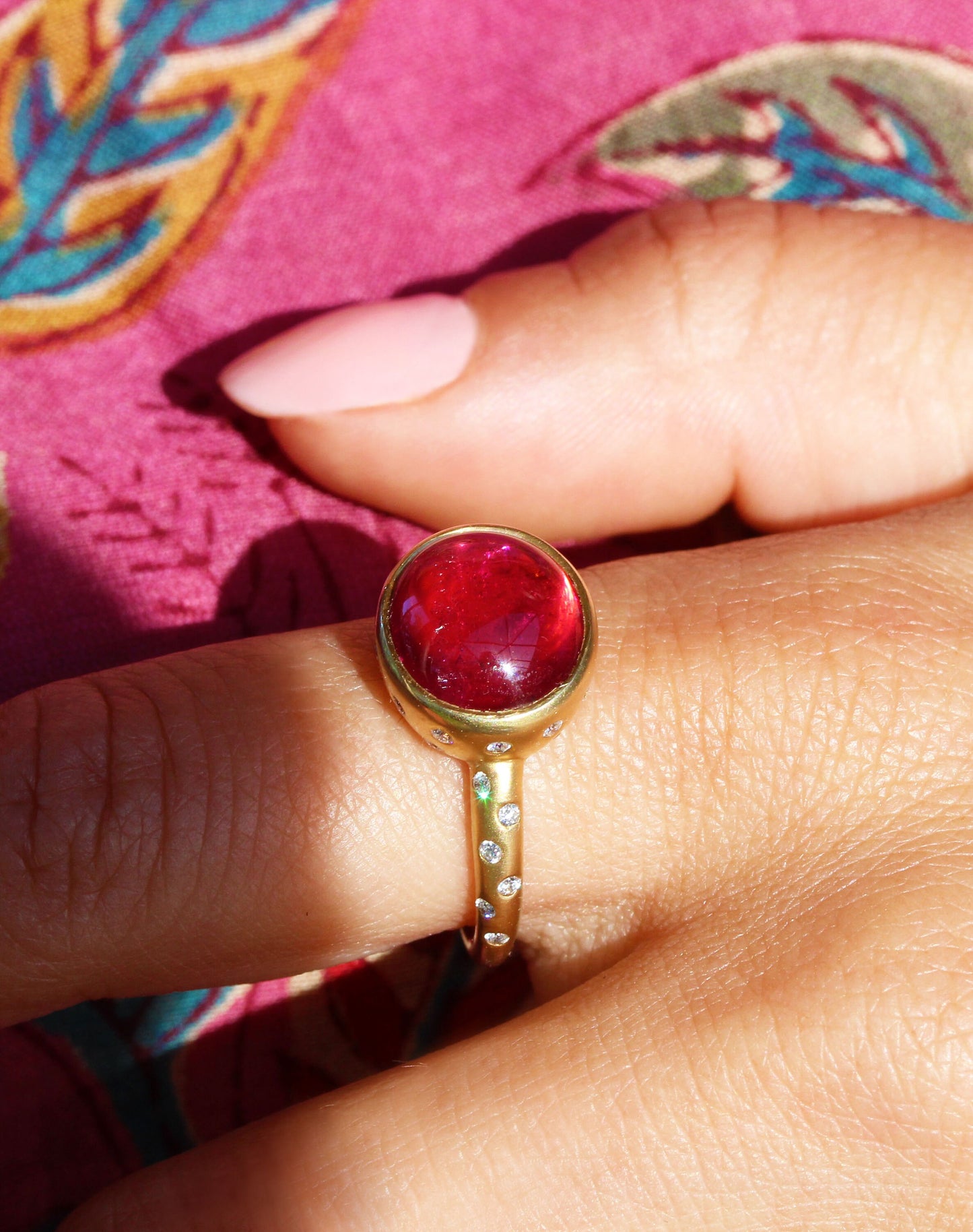 Tourmaline Cabochon with Gypsy Set Scattered Diamond Accented Ring in 18K Yellow Gold