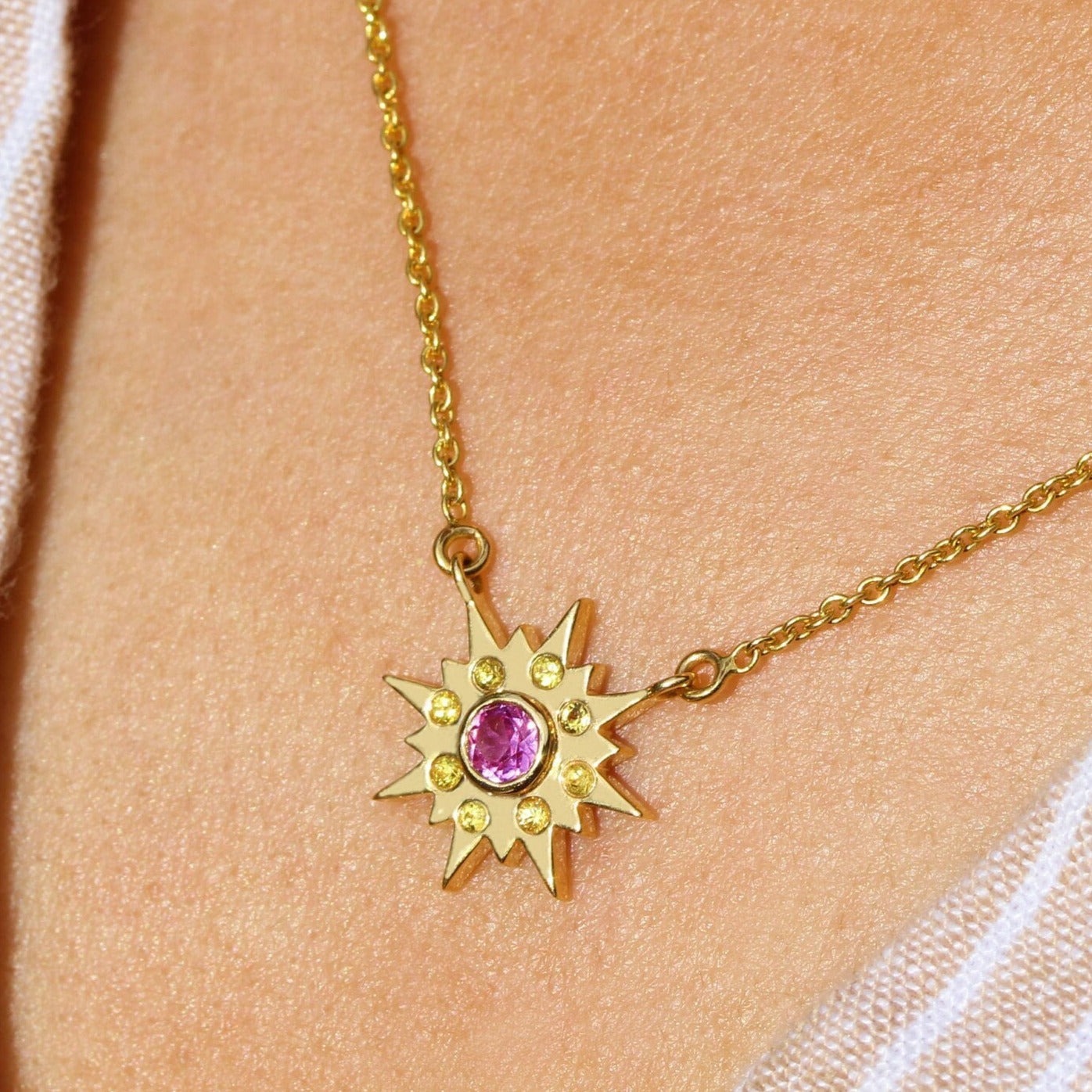 Pink & Yellow Sapphire Sun Necklace in 14K Yellow Gold