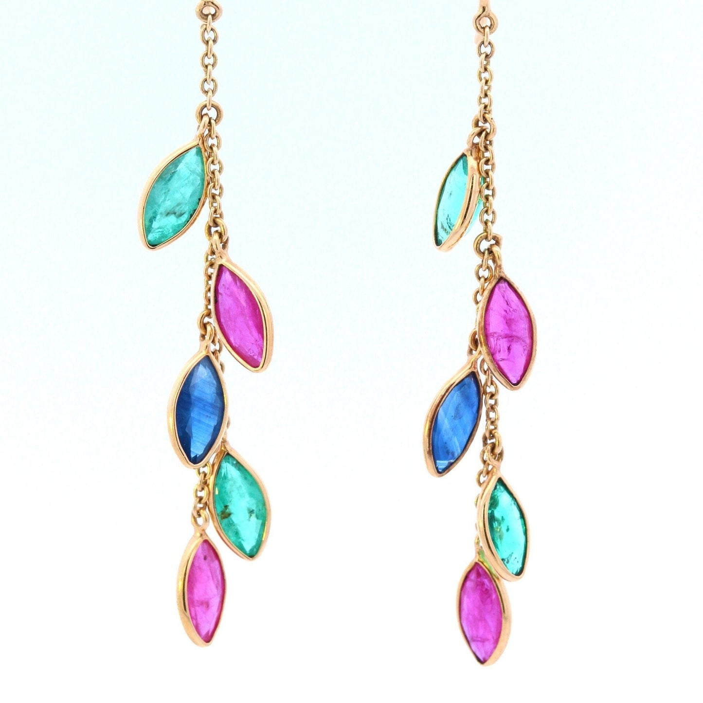 Emerald, Ruby & Sapphire Marquise Drop Earrings in 18K Yellow Gold