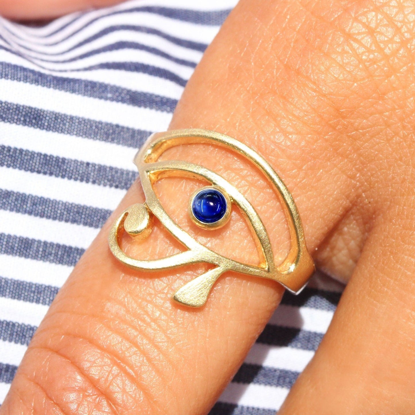 Sapphire Eye of Horus Ring in 14K Yellow Gold