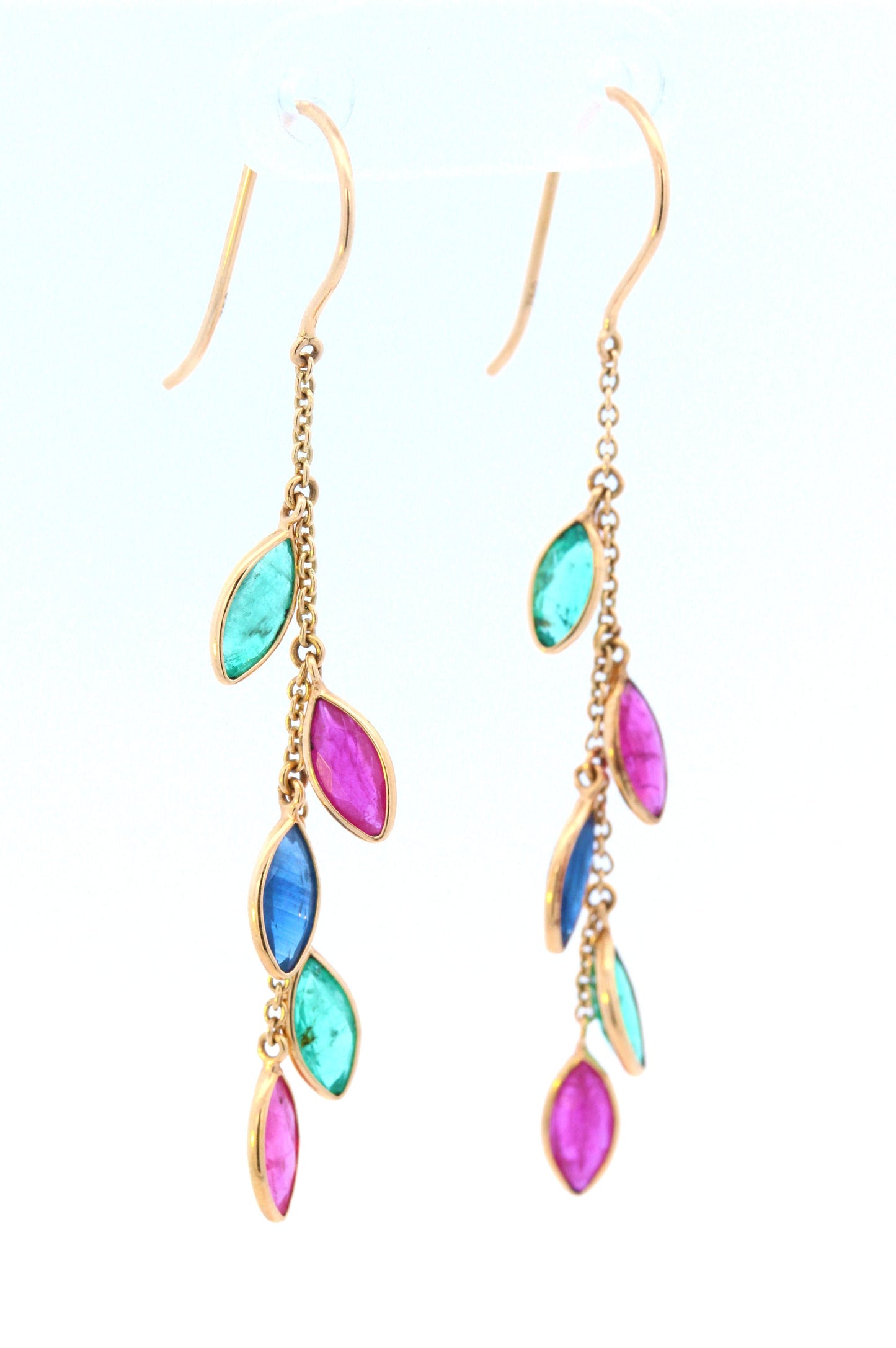 Emerald, Ruby & Sapphire Marquise Drop Earrings in 18K Yellow Gold