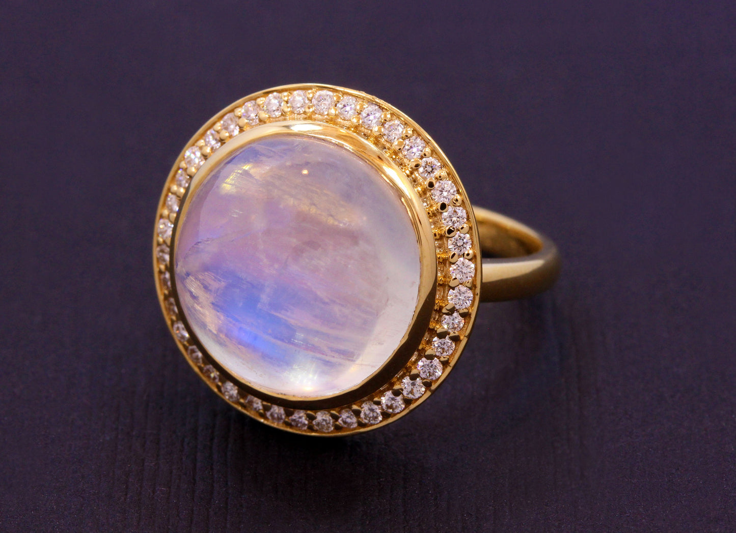 Rainbow Moonstone "Crystal Ball" & Diamond Bezel Statement Ring in 18K Yellow Gold