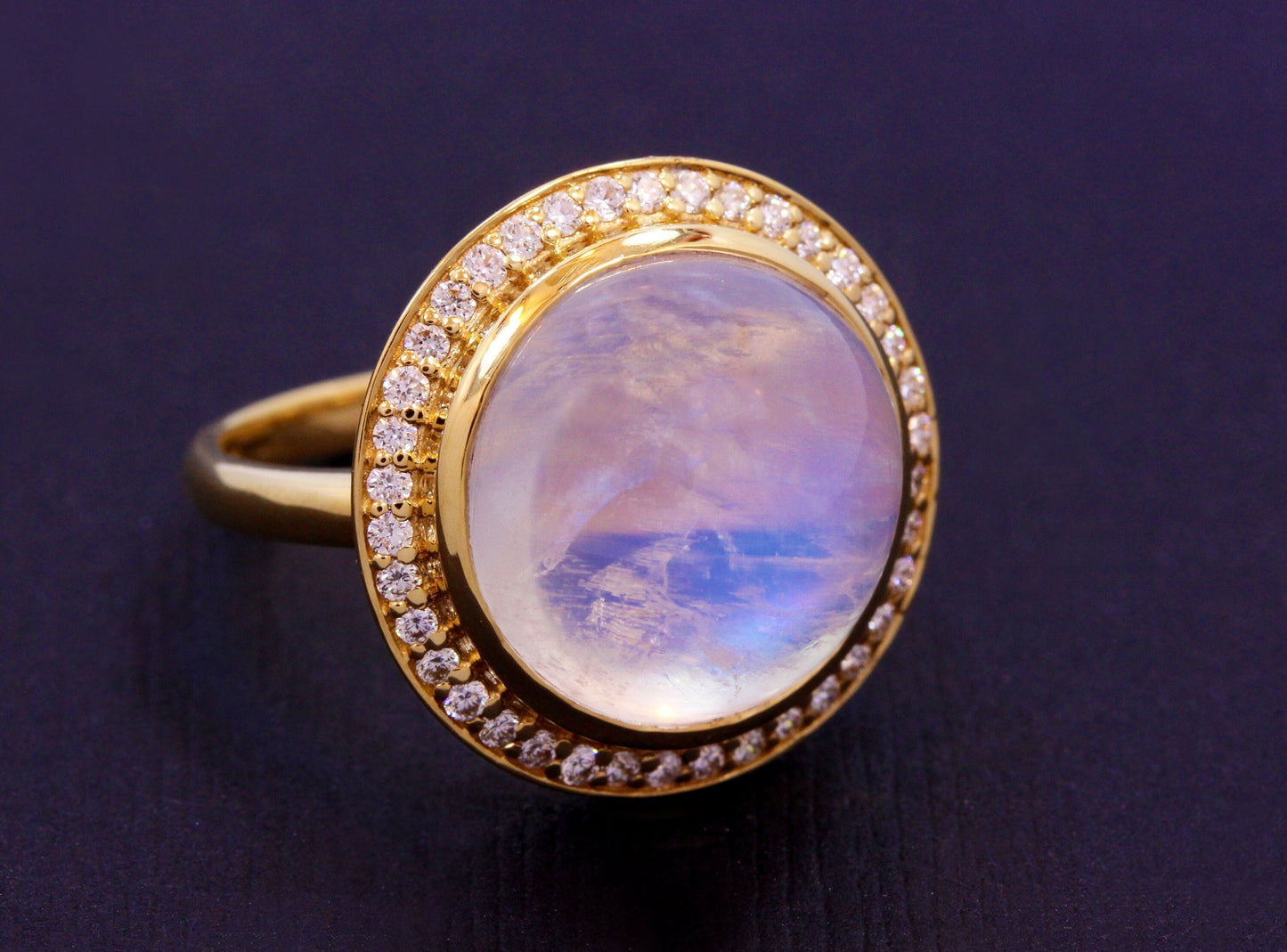 Rainbow Moonstone "Crystal Ball" & Diamond Bezel Statement Ring in 18K Yellow Gold