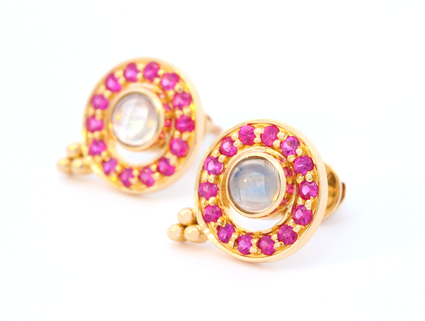 Celestial Moonstone & Ruby Stud Earrings in 14K Yellow Gold