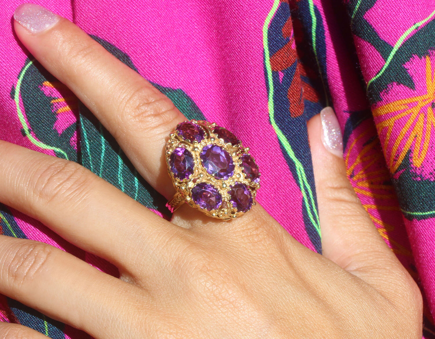 Victorian Giant Amethyst Cluster Ornate Cocktail Ring in 14K Yellow Gold