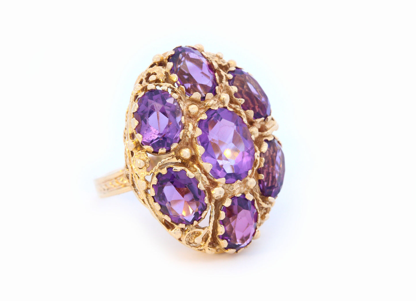 Victorian Giant Amethyst Cluster Ornate Cocktail Ring in 14K Yellow Gold