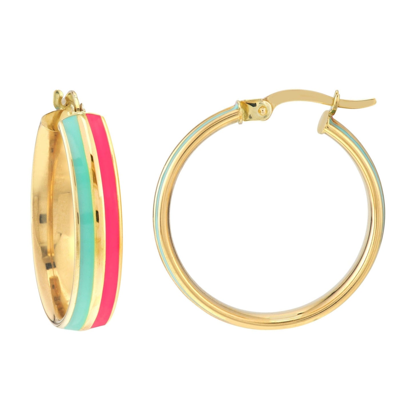 Turquoise & Hot Pink Enamel Hoops in 14K Yellow Gold