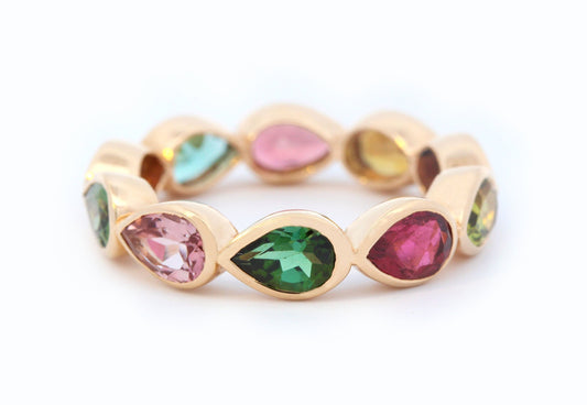Multi Colored Pear Tourmaline Eternity Band in 18K Yellow Gold