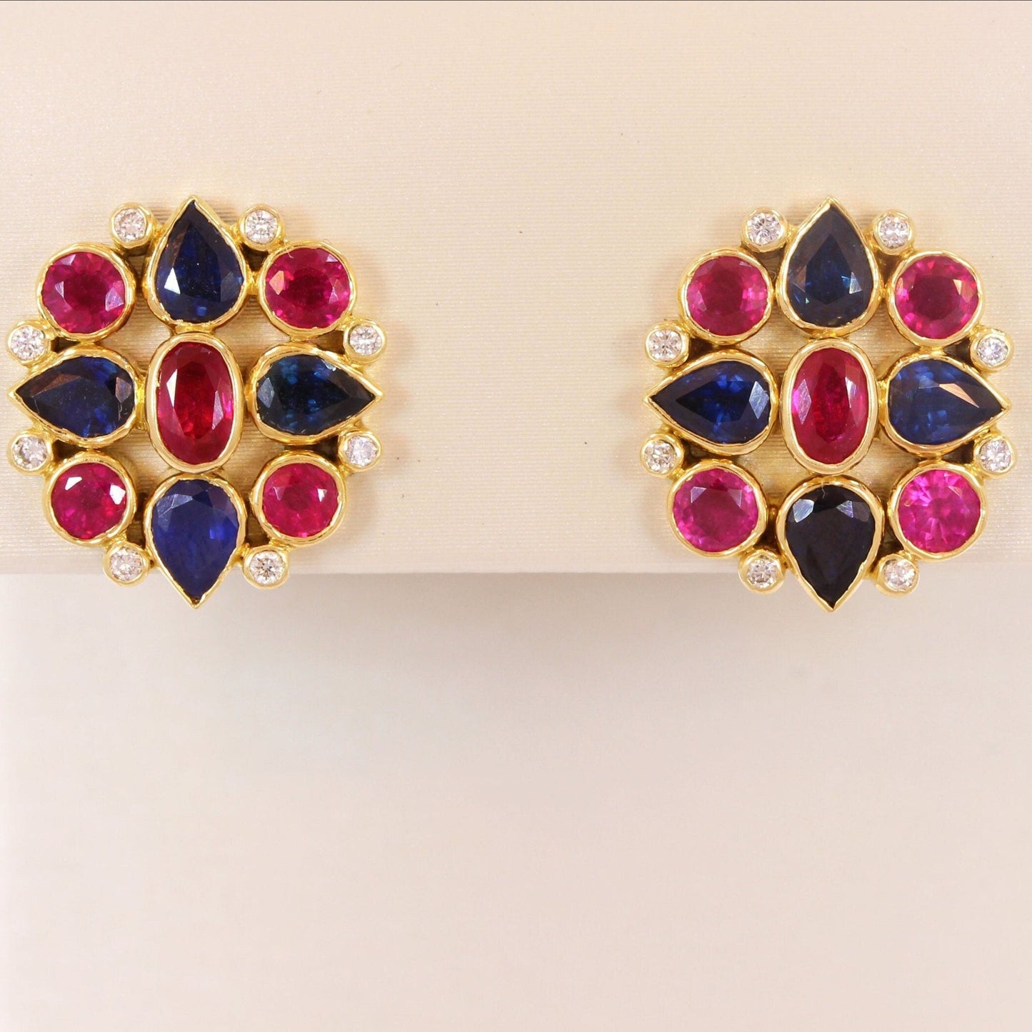 Ruby, Sapphire & Diamond Mandala Earrings in 18K Yellow Gold