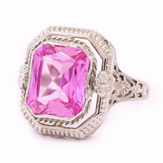 Edwardian Pink Sapphire Filigree Ring in 14K White Gold