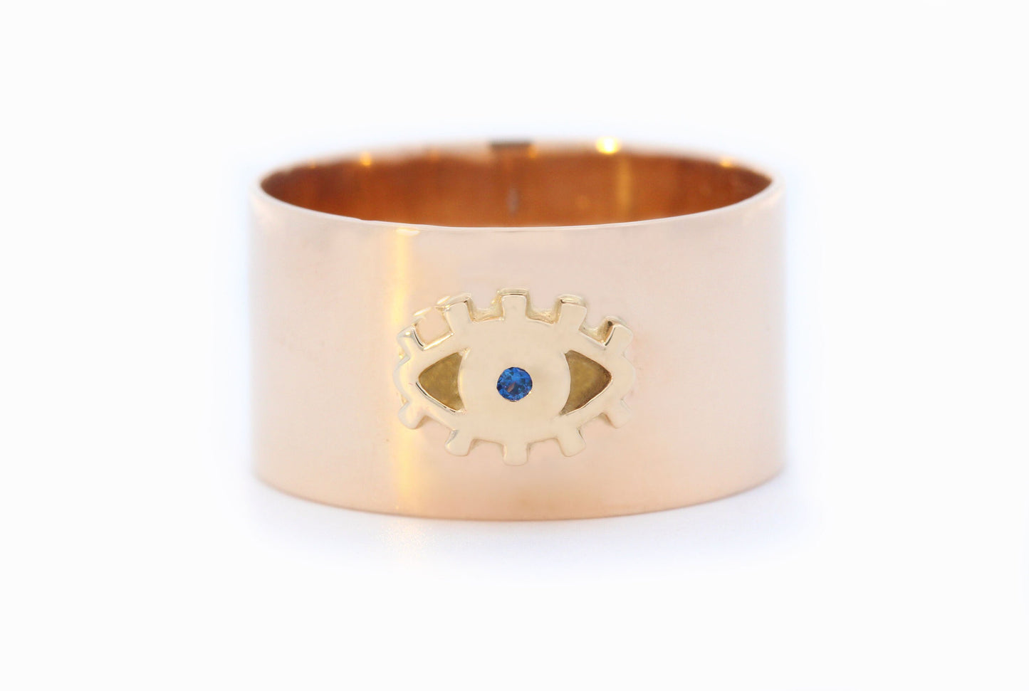 Sapphire Evil Eye Wide Cigar Band in 14K Yellow Gold